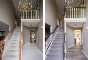 two pictures of a house with stairs and a chandelier