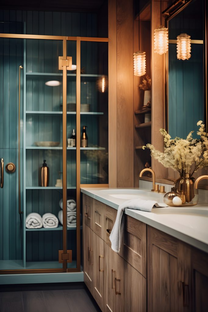 A Bathroom With A Glass Shower Door And Wooden Cabinets